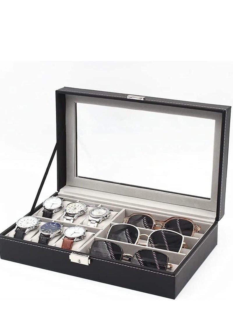 Leather Watch Glasses Box -Watch And Glass Display Case Holder Storage Organizer Jewelry Display- 6 Slots For Watches And 3 Slots For Glasses - Image 1